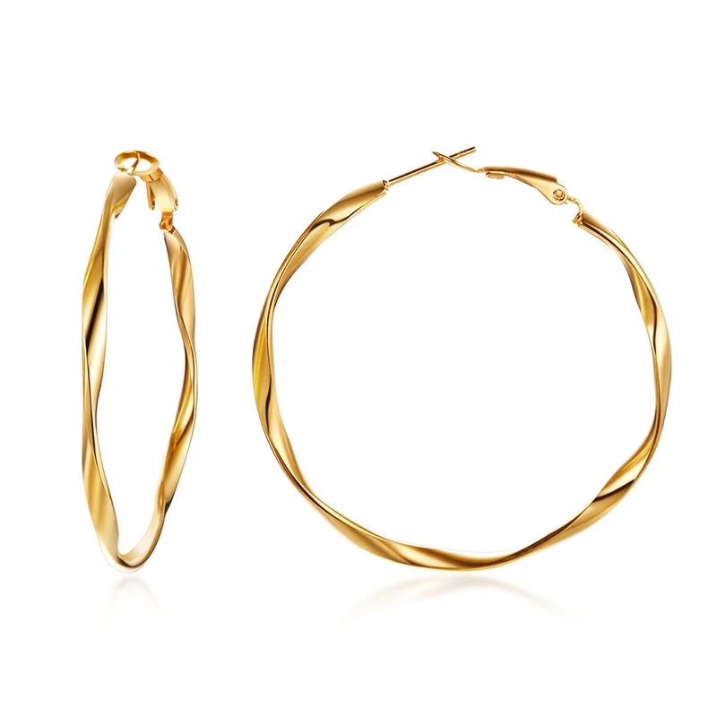 Dainty Twisted Stianless Steel Hoop Earrings for Women, Gold Color Plating Circle Round Ear Clip Accessory Mother's Day gift