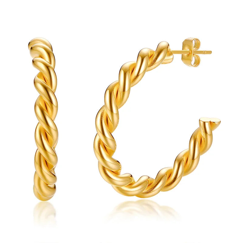Dainty Twisted Stianless Steel Hoop Earrings for Women, Gold Color Plating Circle Round Ear Clip Accessory Mother's Day gift