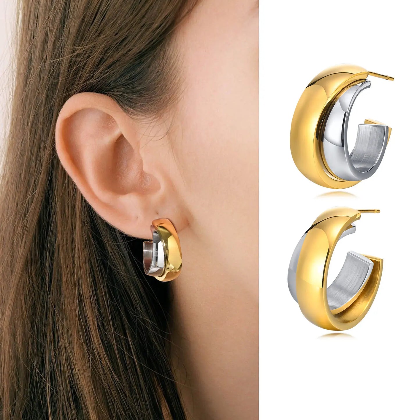 Chic Minimalist C Shaped Hoop Earrings For Women Mom Girls, 2023 New Dainty Stainless Steel Chains Stud Earring Charm Jewelry