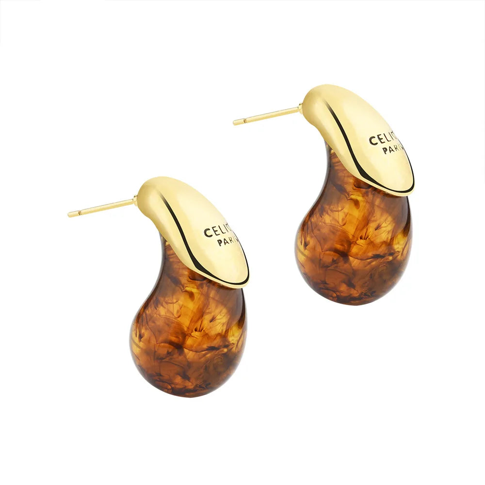 Water Drop Brown Resin Stud Earrings Vintage Dome Copper Gold Plated Earring for Women Girls Teardrop Ear Cuffs