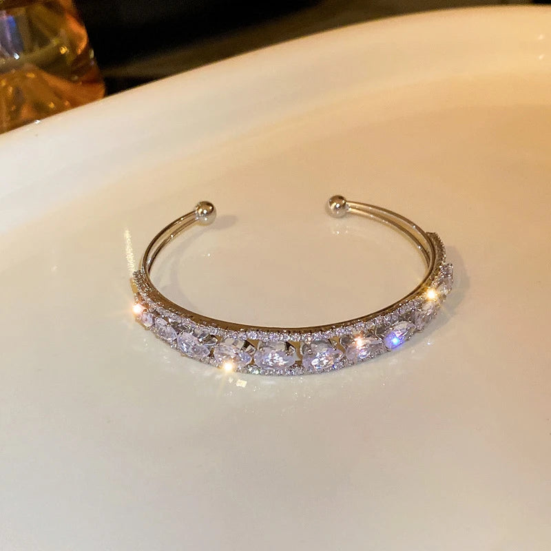 Fashion Silver Color Zircon Square Opening Women's Bracelet 2023 New Minimalist Design Metal Bracelet Wedding Birthday Gift