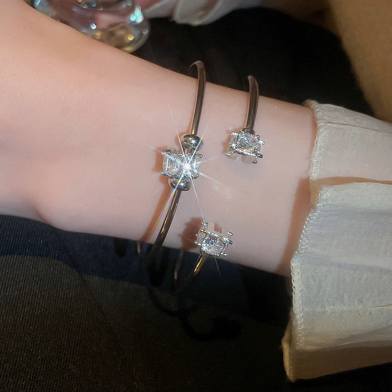 Fashion Silver Color Zircon Square Opening Women's Bracelet 2023 New Minimalist Design Metal Bracelet Wedding Birthday Gift