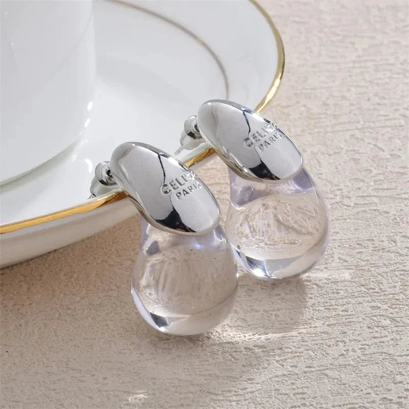 Water Drop Brown Resin Stud Earrings Vintage Dome Copper Gold Plated Earring for Women Girls Teardrop Ear Cuffs