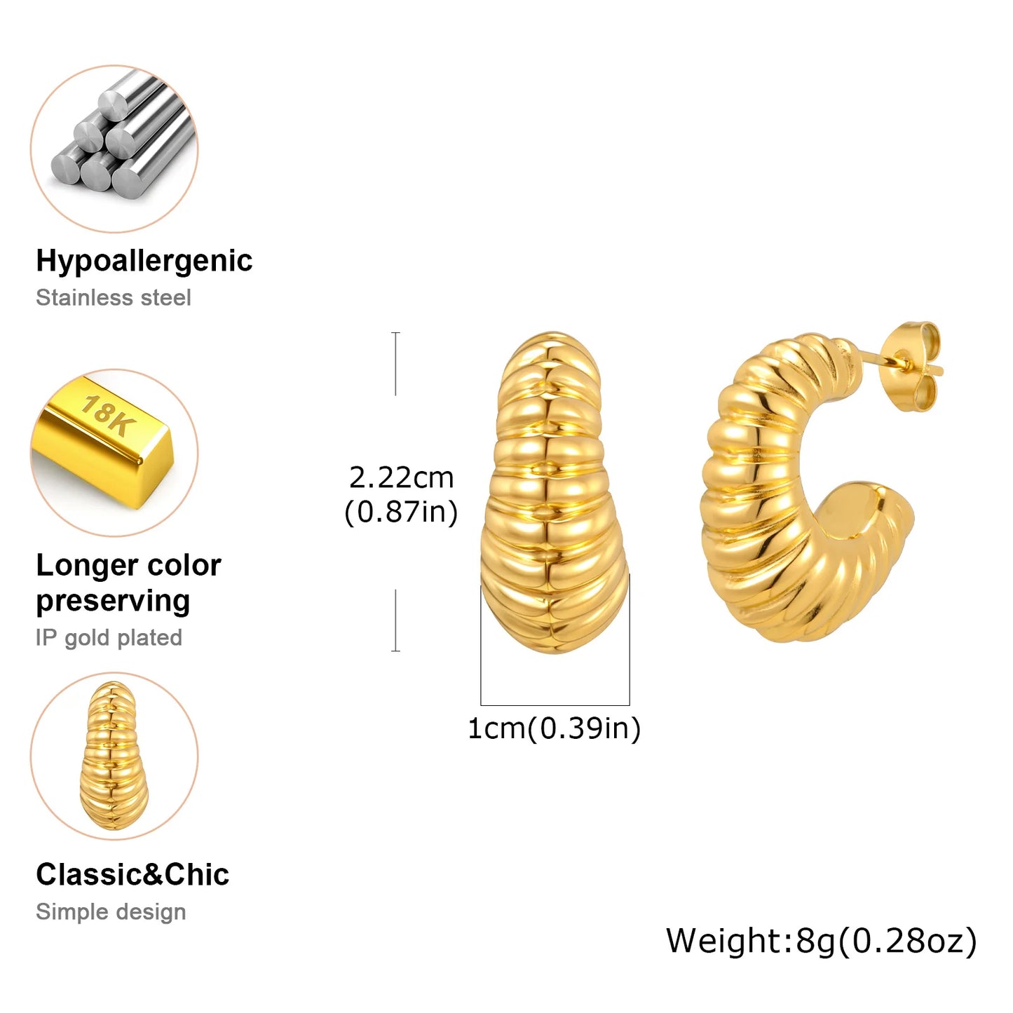 Chunky Geometric Earrings for Women,Stainless Steel Gold Color C Shape Hoop Earring,Hollow Waterproof Earrings Jewelry Gift
