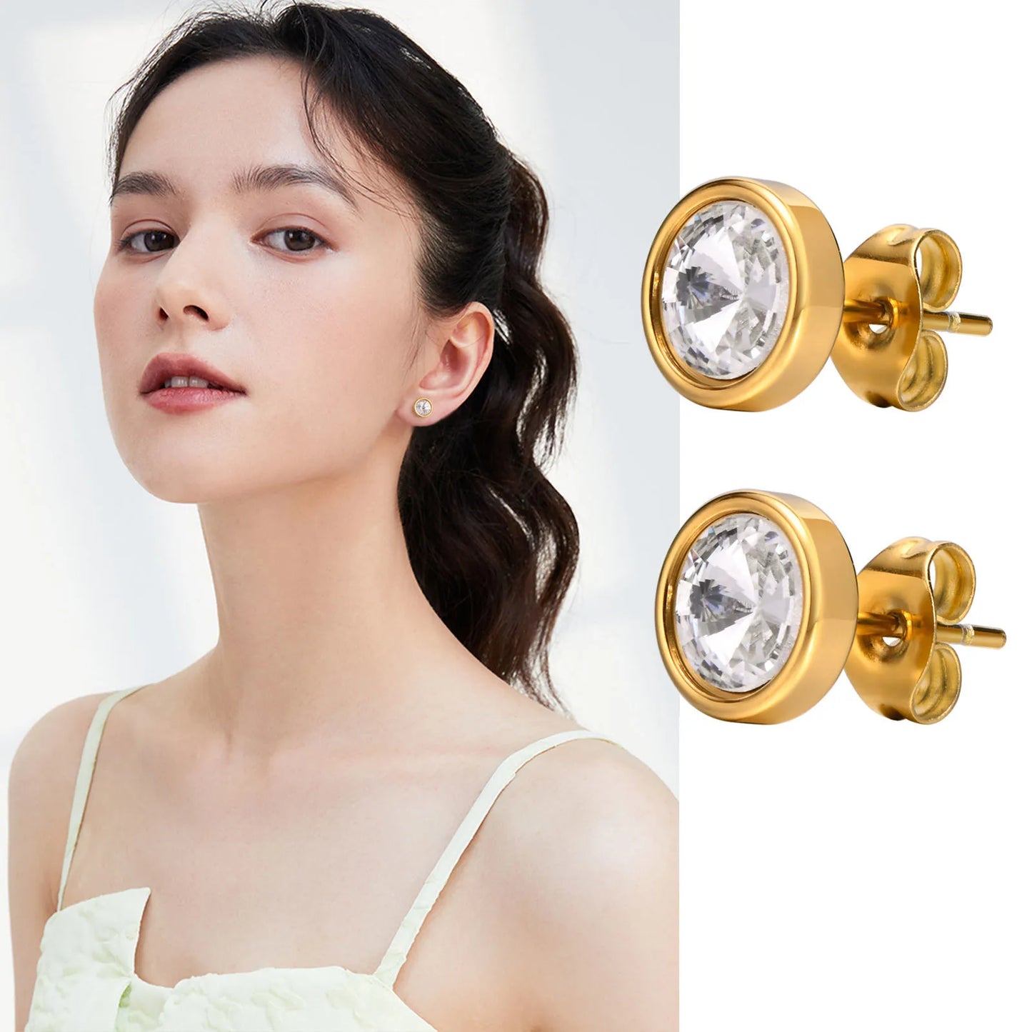 Women's AAA Cubic Zirconia Stud Earrings,Inlaid Round CZ Stone Stainless Steel Earring,Minimalist Dainty Girls Fashion Jewelry