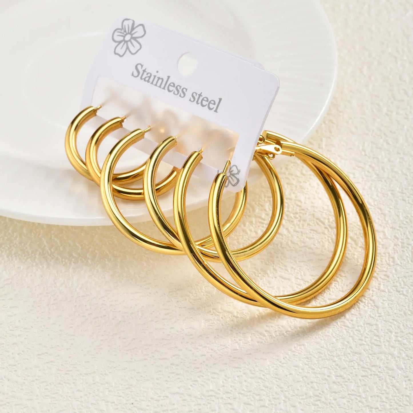 3pic Set Stainless Steel Round Earrings for Women Girls,Gold Color Waterproof Hoop Earrings,Minimalist Jewelry Gift