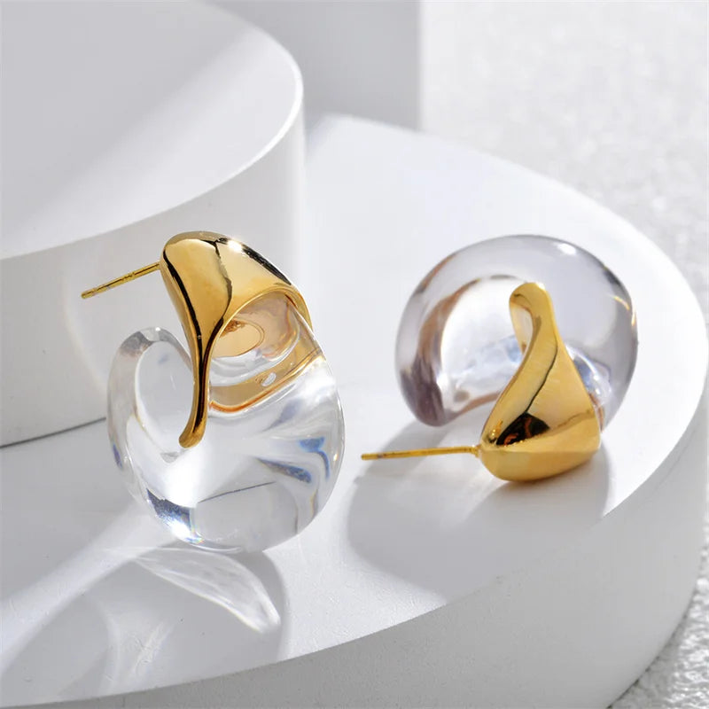 Water Drop Brown Resin Stud Earrings Vintage Dome Copper Gold Plated Earring for Women Girls Teardrop Ear Cuffs