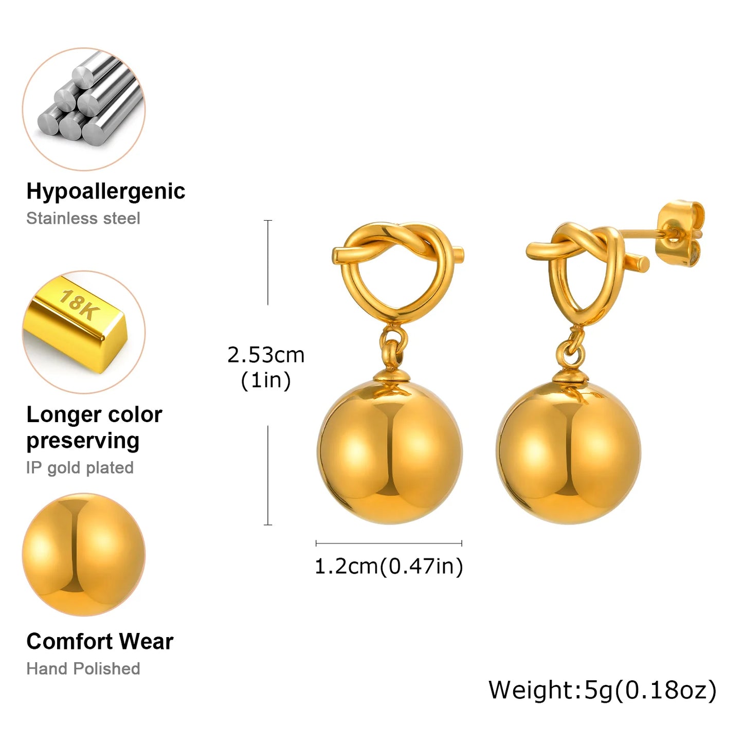 Knotted Hollow Heart-shaped Earrings for Women,Gold Color Stainless Steel Bead Knot Stud Earrings,Unique Jewellery Gift