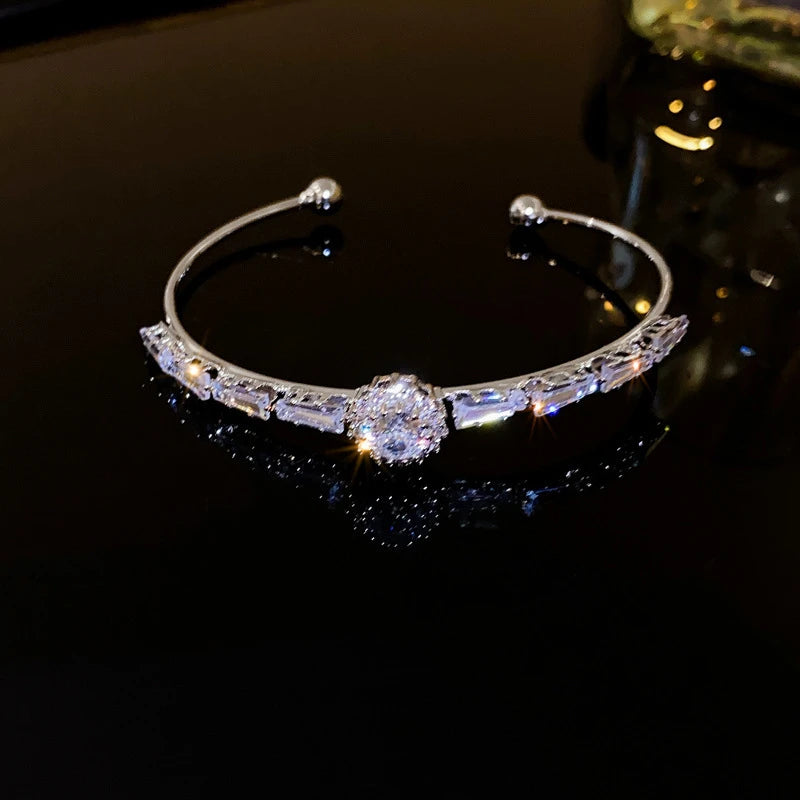 Fashion Silver Color Zircon Square Opening Women's Bracelet 2023 New Minimalist Design Metal Bracelet Wedding Birthday Gift