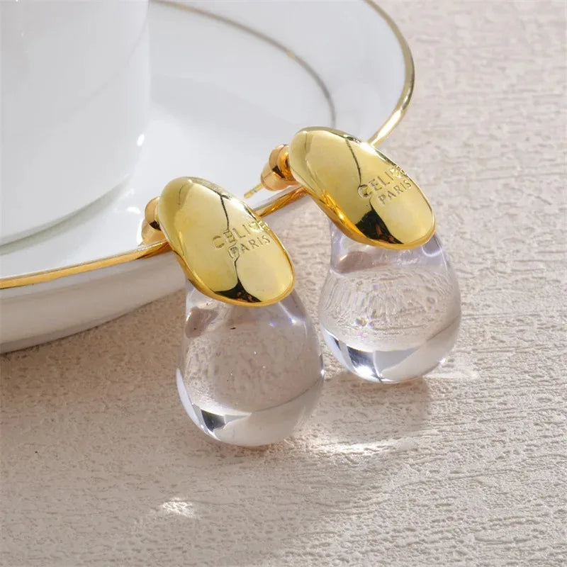 Water Drop Brown Resin Stud Earrings Vintage Dome Copper Gold Plated Earring for Women Girls Teardrop Ear Cuffs