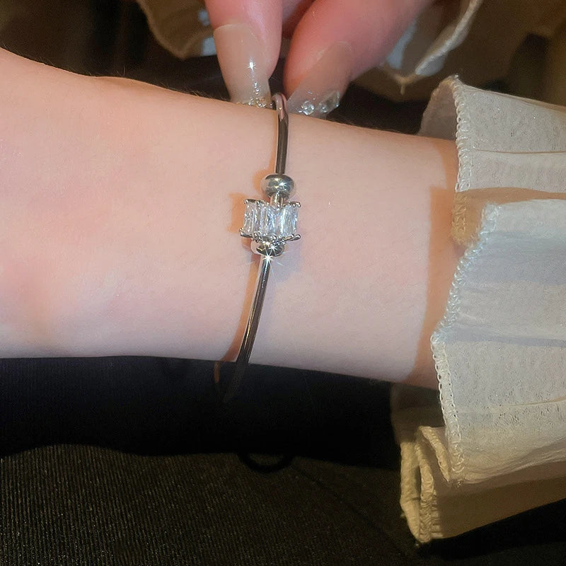Fashion Silver Color Zircon Square Opening Women's Bracelet 2023 New Minimalist Design Metal Bracelet Wedding Birthday Gift