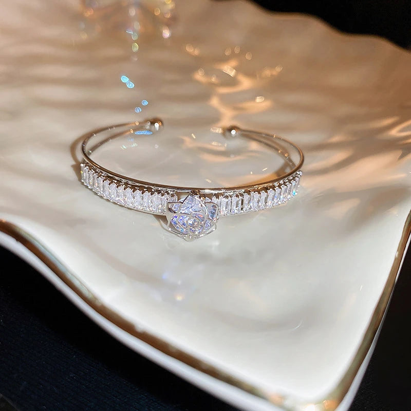 Fashion Silver Color Zircon Square Opening Women's Bracelet 2023 New Minimalist Design Metal Bracelet Wedding Birthday Gift