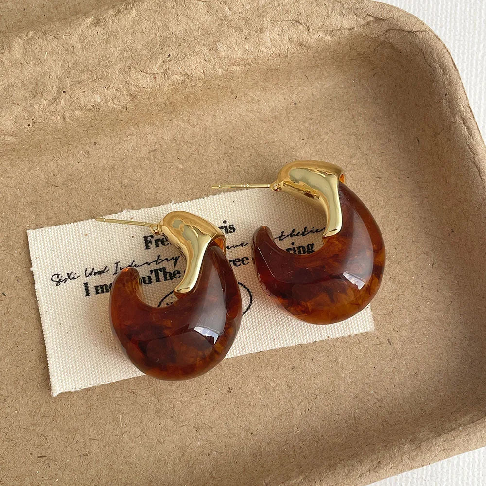 Water Drop Brown Resin Stud Earrings Vintage Dome Copper Gold Plated Earring for Women Girls Teardrop Ear Cuffs