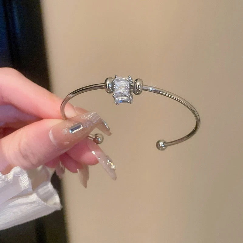 Fashion Silver Color Zircon Square Opening Women's Bracelet 2023 New Minimalist Design Metal Bracelet Wedding Birthday Gift
