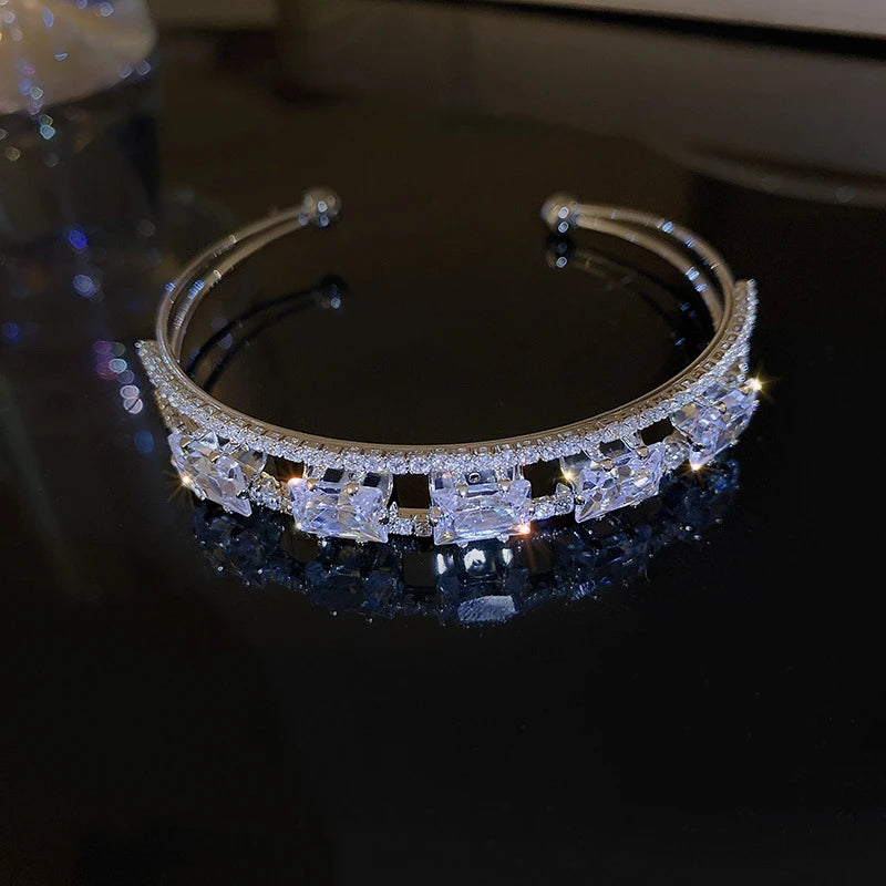 Fashion Silver Color Zircon Square Opening Women's Bracelet 2023 New Minimalist Design Metal Bracelet Wedding Birthday Gift