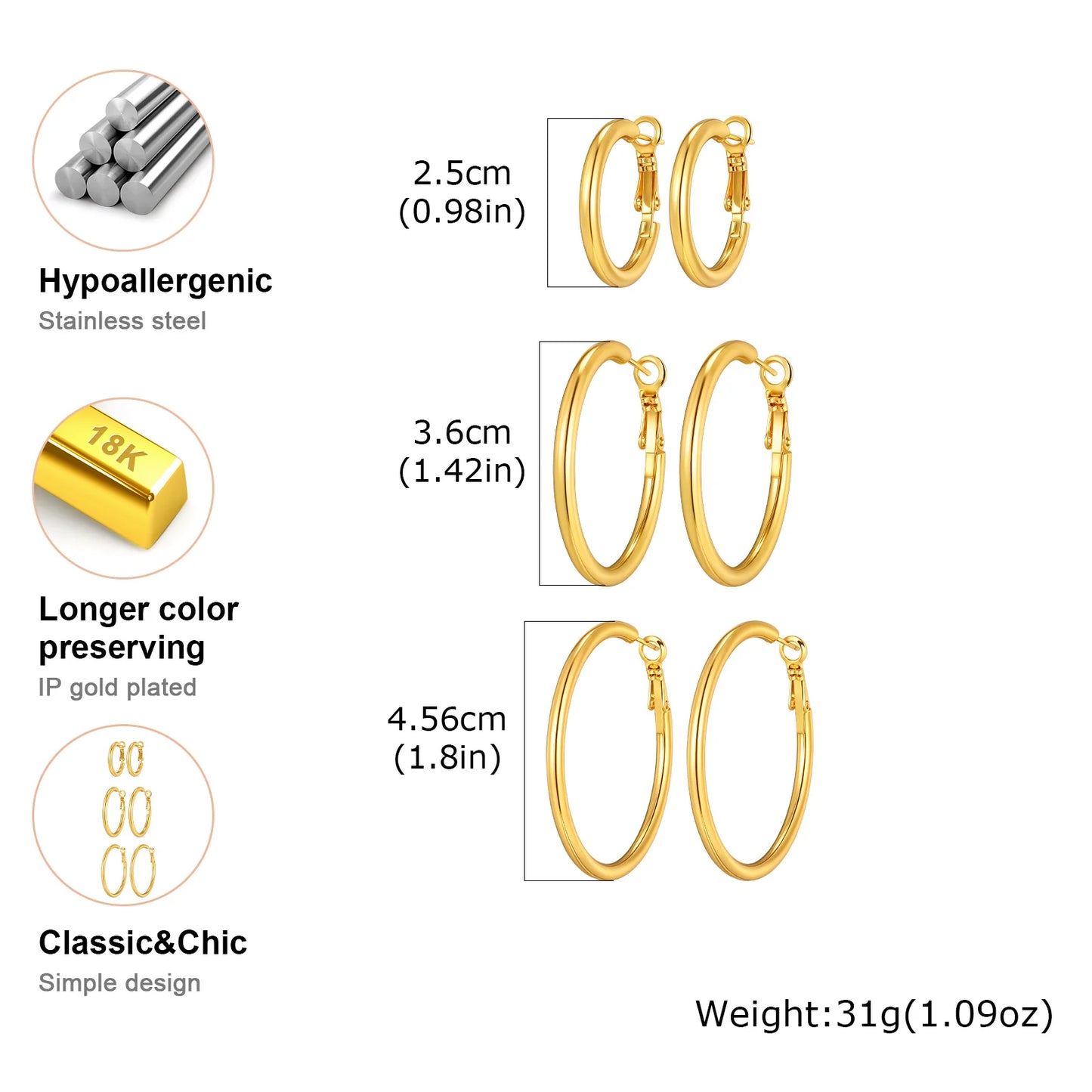 3pic Set Stainless Steel Round Earrings for Women Girls,Gold Color Waterproof Hoop Earrings,Minimalist Jewelry Gift