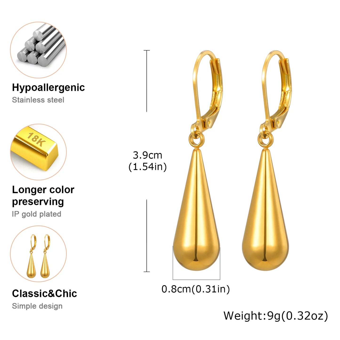 Long Water Drop Dangle Hoop Earrings for Women,18K Gold Plated Stainless Steel Teardrop Earrings, Waterdrop Jewelry Gifts