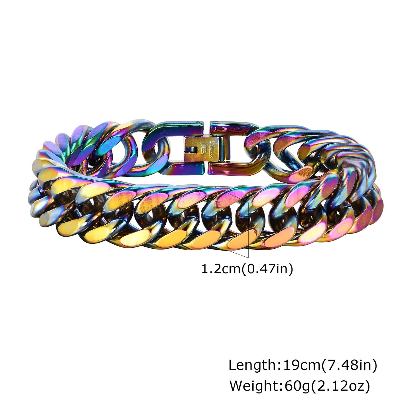 Vnox 8mm/10mm/12mm Cuban Link Bracelets for Men Women, Rainbow Colored Stainless Steel Square Miami Curb Links Wristband Jewelry