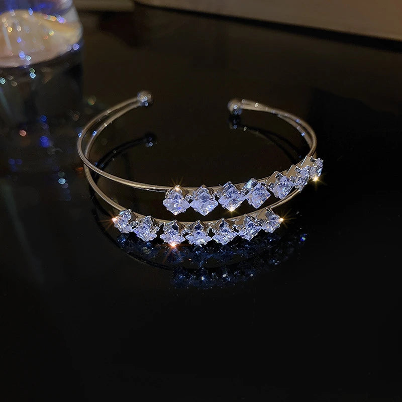 Fashion Silver Color Zircon Square Opening Women's Bracelet 2023 New Minimalist Design Metal Bracelet Wedding Birthday Gift