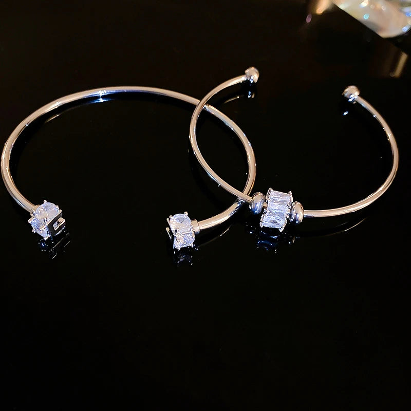 Fashion Silver Color Zircon Square Opening Women's Bracelet 2023 New Minimalist Design Metal Bracelet Wedding Birthday Gift