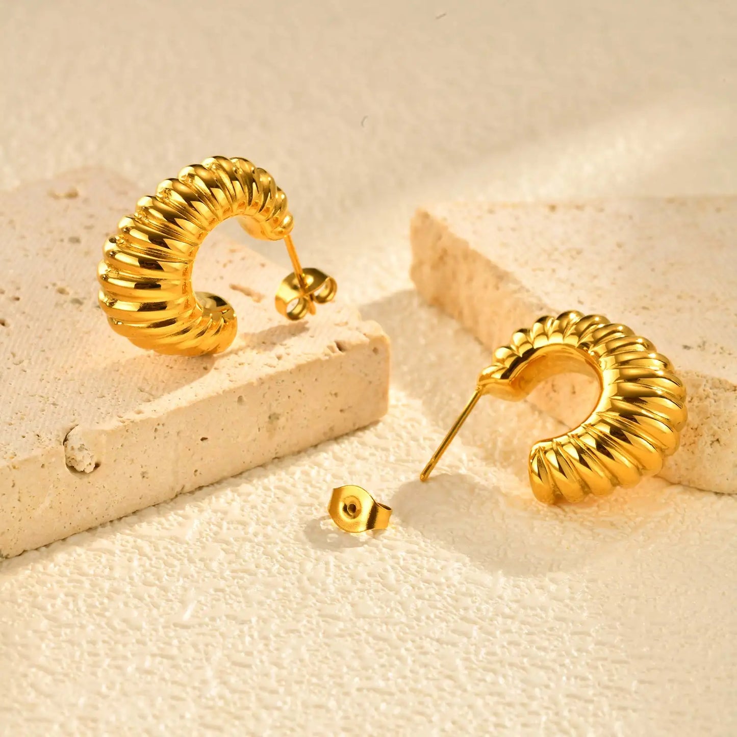 Chunky Geometric Earrings for Women,Stainless Steel Gold Color C Shape Hoop Earring,Hollow Waterproof Earrings Jewelry Gift