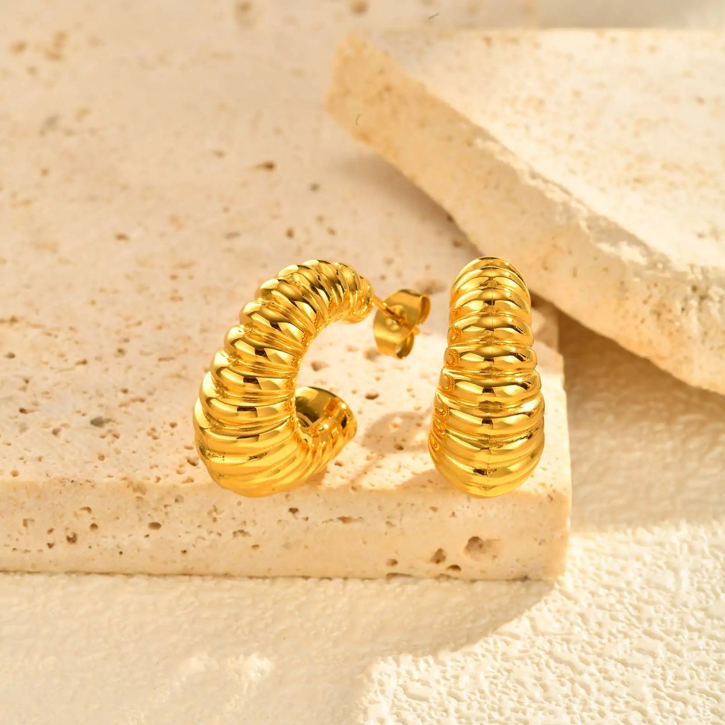 Chunky Geometric Earrings for Women,Stainless Steel Gold Color C Shape Hoop Earring,Hollow Waterproof Earrings Jewelry Gift