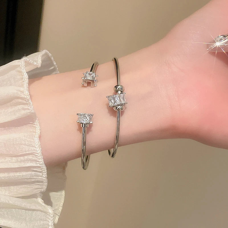 Fashion Silver Color Zircon Square Opening Women's Bracelet 2023 New Minimalist Design Metal Bracelet Wedding Birthday Gift
