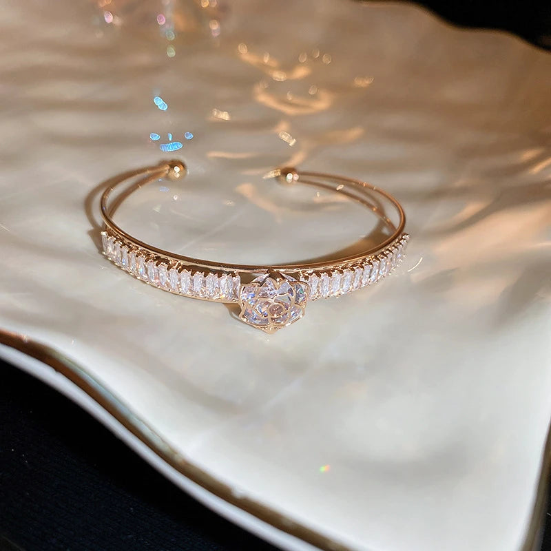 Fashion Silver Color Zircon Square Opening Women's Bracelet 2023 New Minimalist Design Metal Bracelet Wedding Birthday Gift