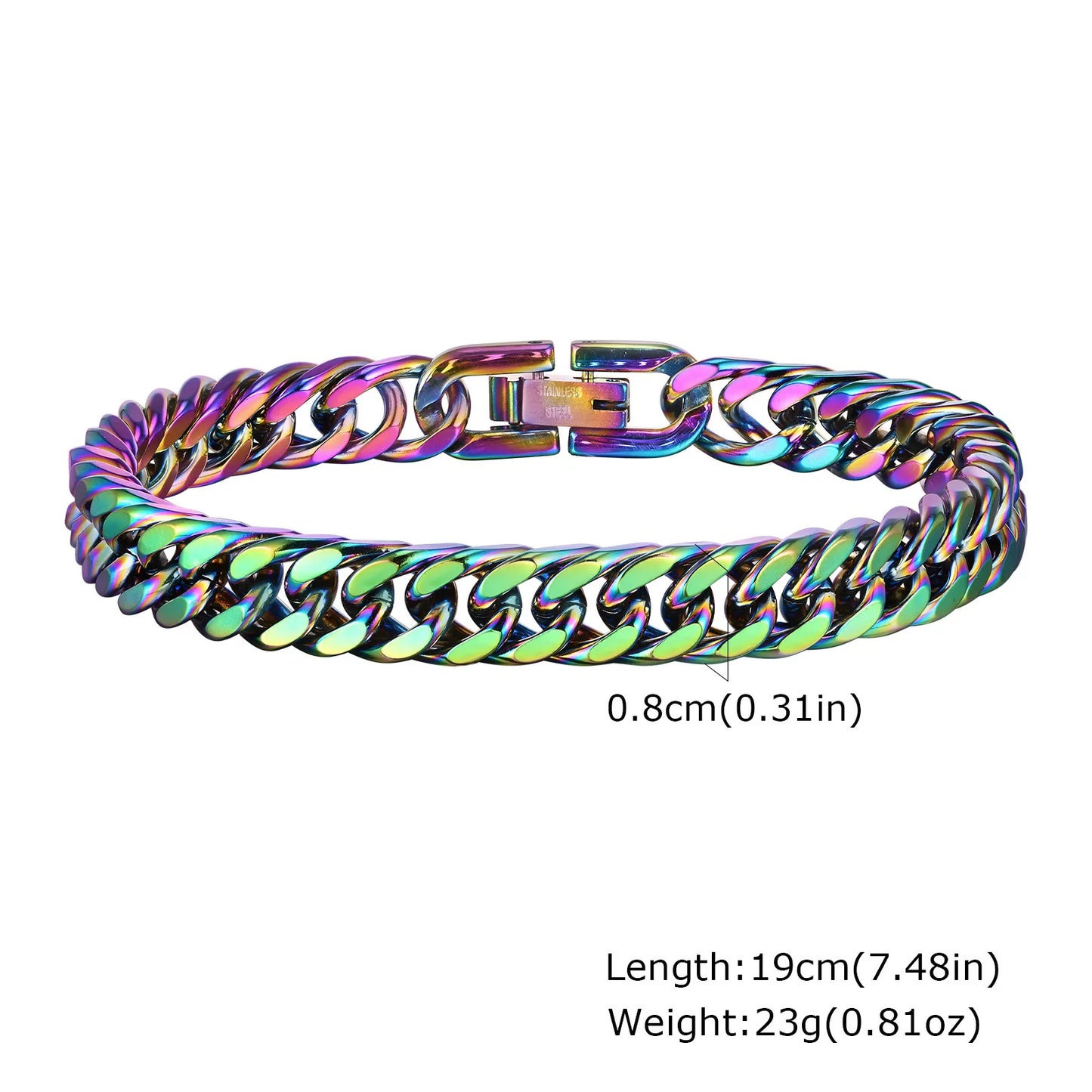 Vnox 8mm/10mm/12mm Cuban Link Bracelets for Men Women, Rainbow Colored Stainless Steel Square Miami Curb Links Wristband Jewelry
