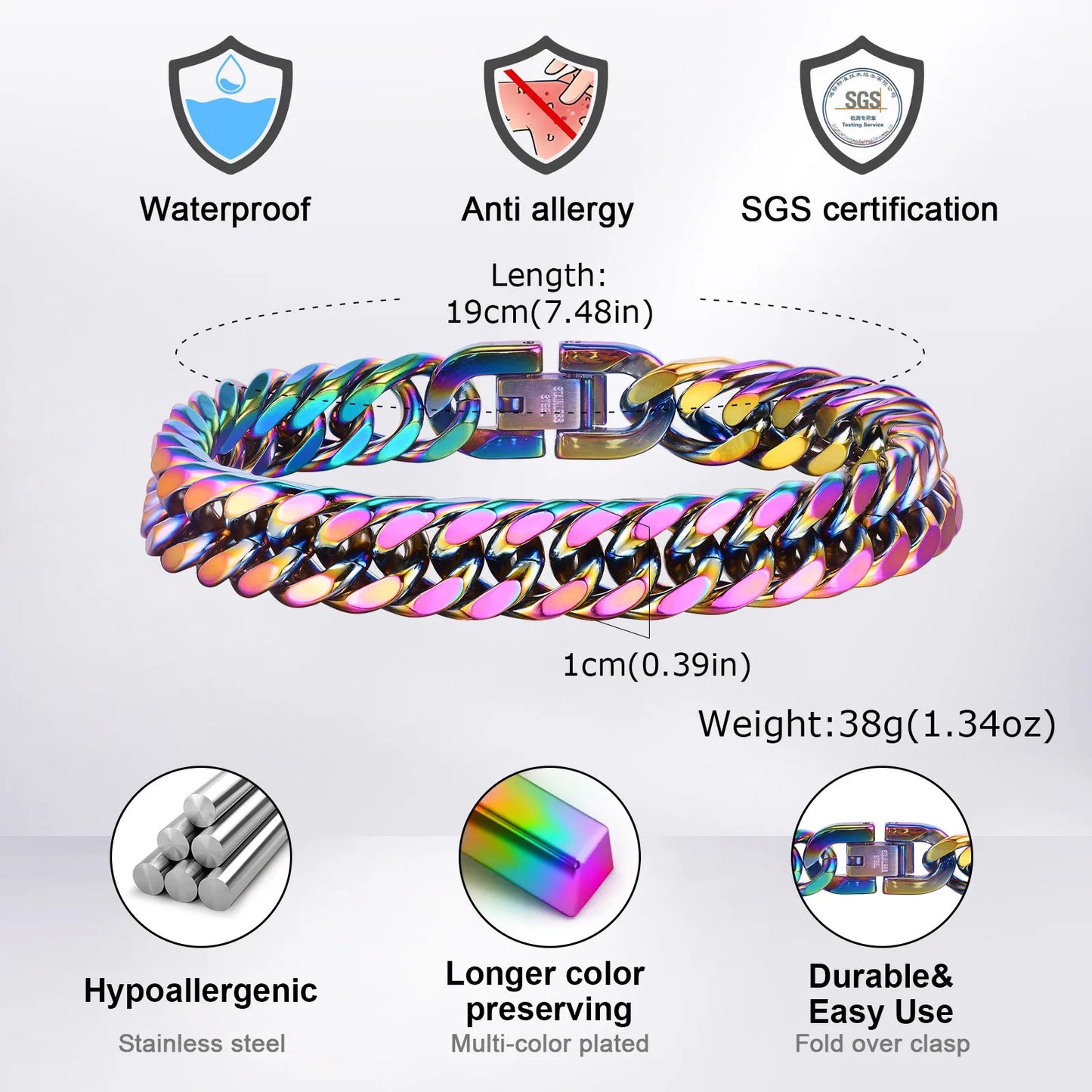 Vnox 8mm/10mm/12mm Cuban Link Bracelets for Men Women, Rainbow Colored Stainless Steel Square Miami Curb Links Wristband Jewelry