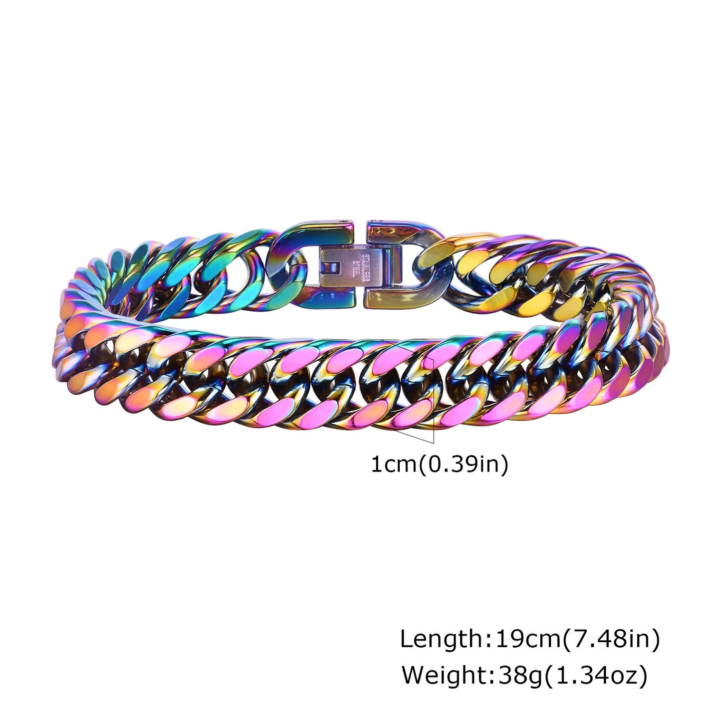Vnox 8mm/10mm/12mm Cuban Link Bracelets for Men Women, Rainbow Colored Stainless Steel Square Miami Curb Links Wristband Jewelry