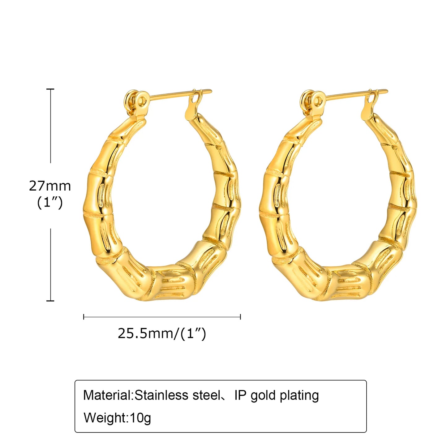 Women Chic Gold Plated Chinese Bamboo Textured Hoop Earrings, Minimalist Anti Allergy Metal Huggies Ear Jewelry