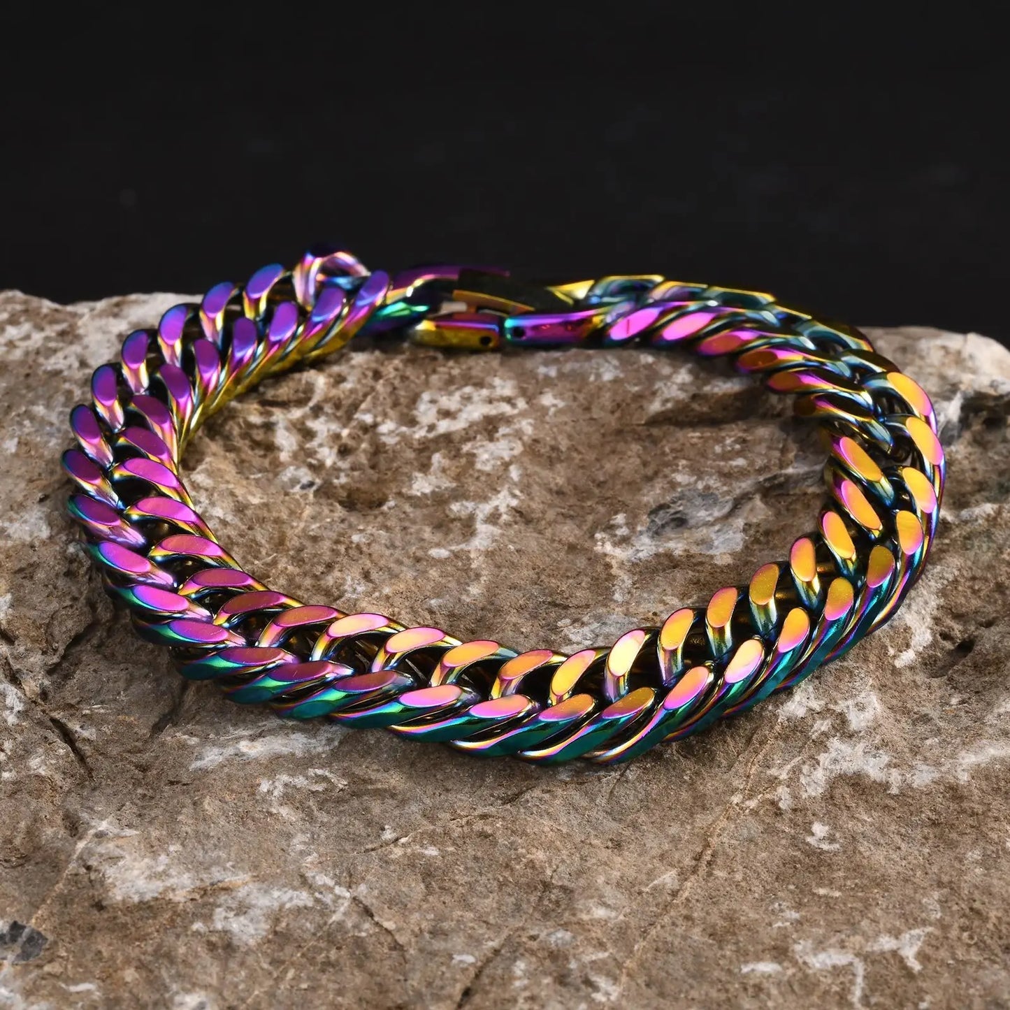 Vnox 8mm/10mm/12mm Cuban Link Bracelets for Men Women, Rainbow Colored Stainless Steel Square Miami Curb Links Wristband Jewelry