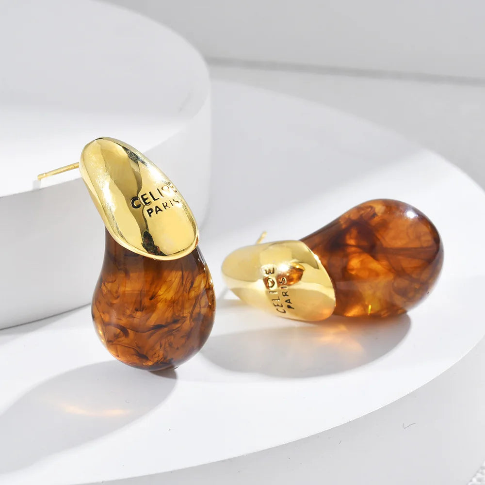 Water Drop Brown Resin Stud Earrings Vintage Dome Copper Gold Plated Earring for Women Girls Teardrop Ear Cuffs